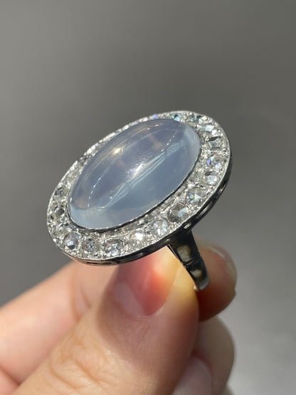 Edwardian 14K White Gold 13.2 CTW Ceylon Moonstone Rose Cut Diamond Halo Ring