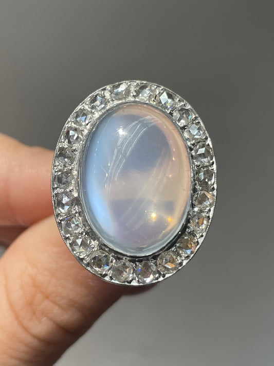 Edwardian 14K White Gold 13.2 CTW Ceylon Moonstone Rose Cut Diamond Halo Ring