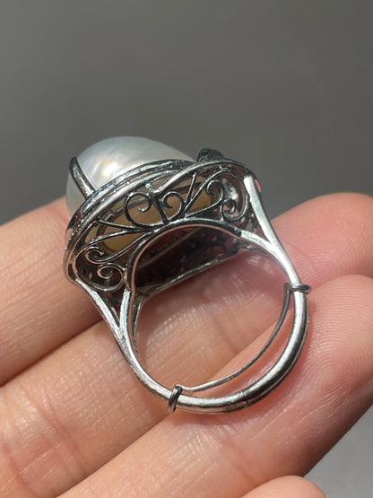 Vintage 14K White Gold Baroque Pearl Diamond Ring