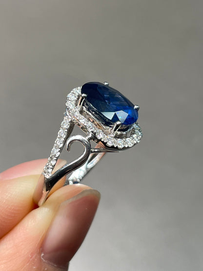 Vintage 18K White Gold GIA Sapphire Diamond Halo Ring