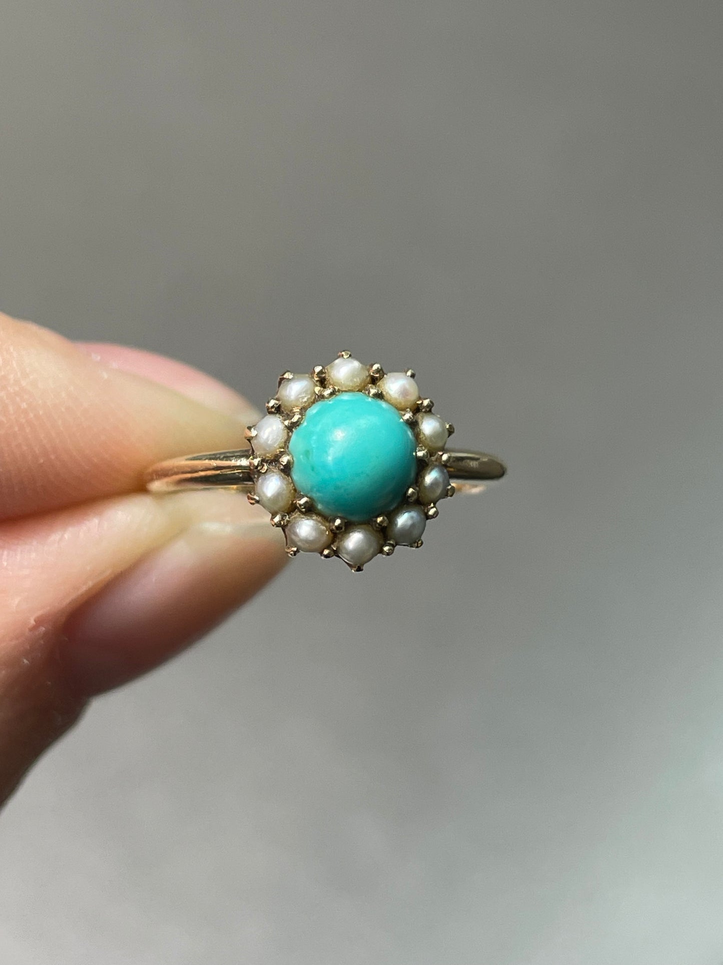 Antique Victorian 14K Yellow Gold Turquoise Pearl Halo Ring