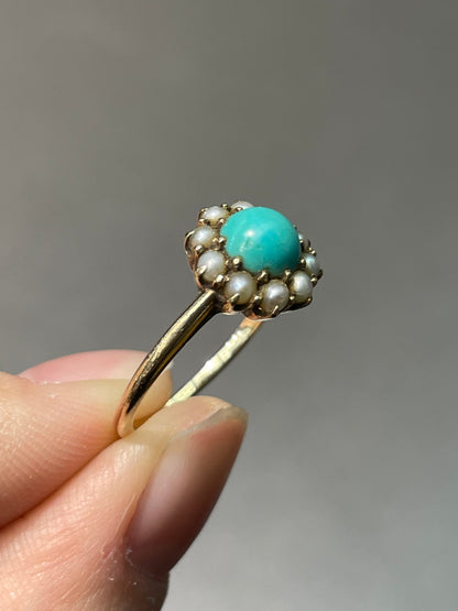 Antique Victorian 14K Yellow Gold Turquoise Pearl Halo Ring