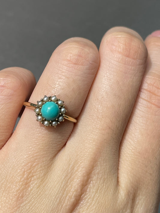 Antique Victorian 14K Yellow Gold Turquoise Pearl Halo Ring