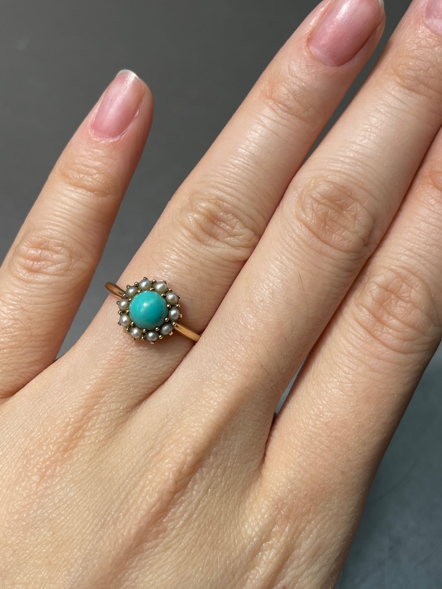 Antique Victorian 14K Yellow Gold Turquoise Pearl Halo Ring