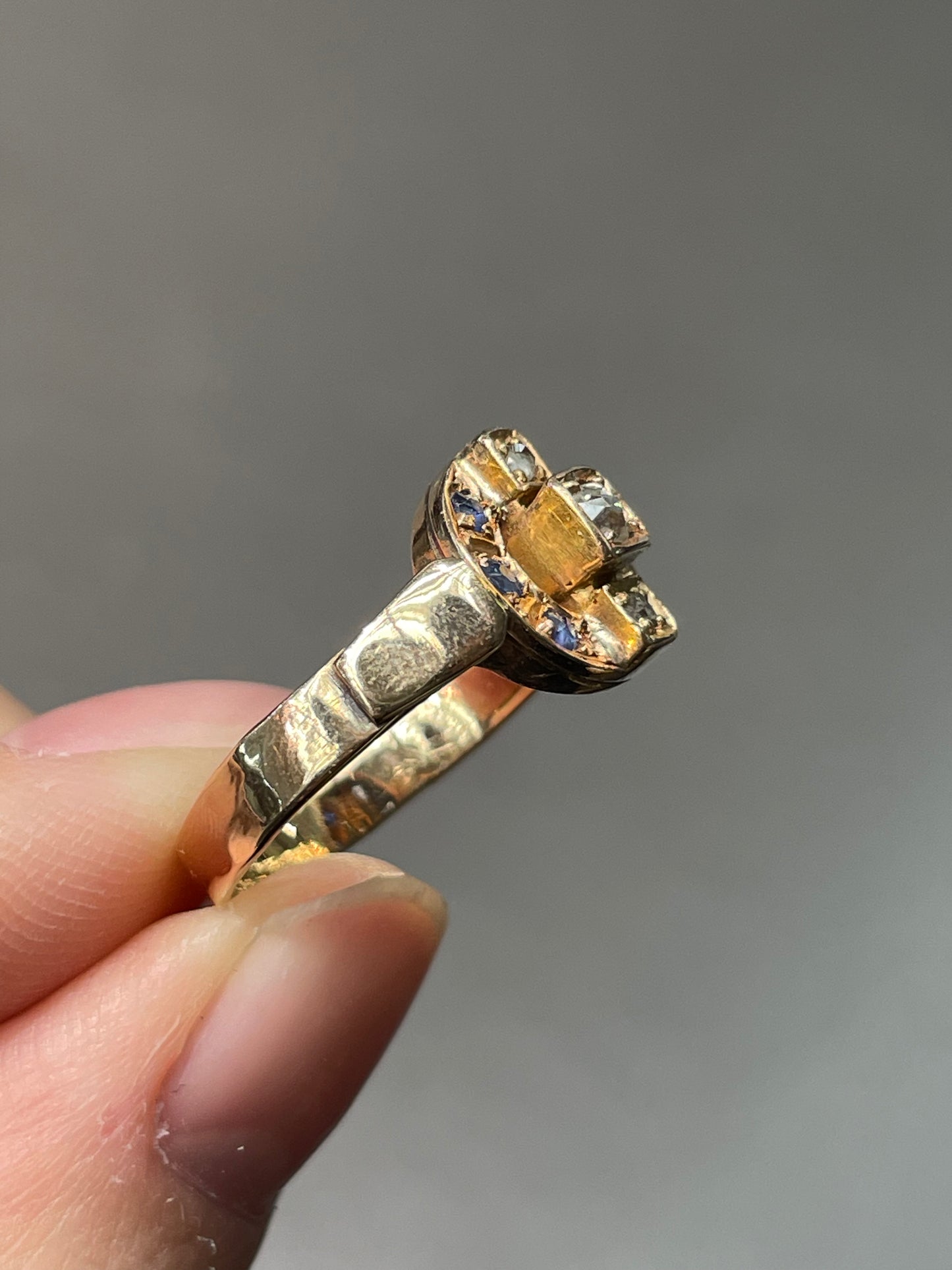 Antique Victorian 14K Rose Gold Diamond Sapphire Ring