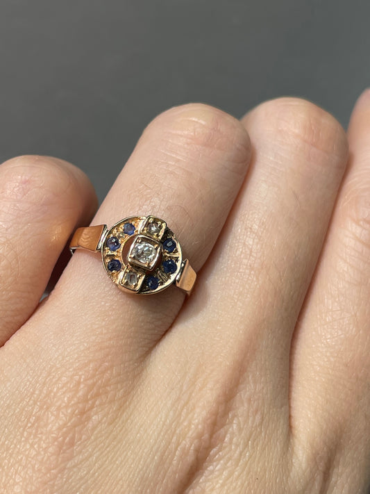 Antique Victorian 14K Rose Gold Diamond Sapphire Ring