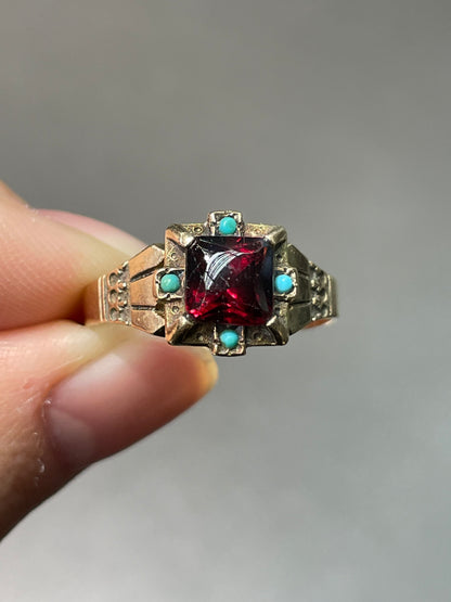 Antique Victorian 14K Yellow Gold Garnet Turquoise Ring