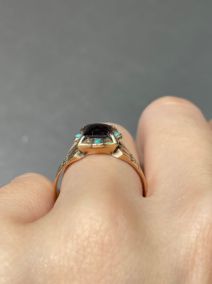 Antique Victorian 14K Yellow Gold Garnet Turquoise Ring