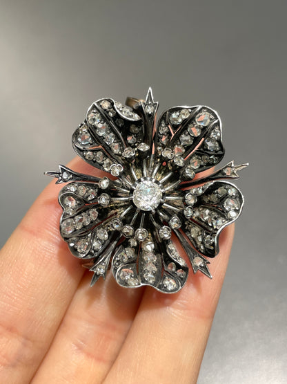 Antique French 18K Gold Topped Silver 2.50CTW Diamond Flower Brooch