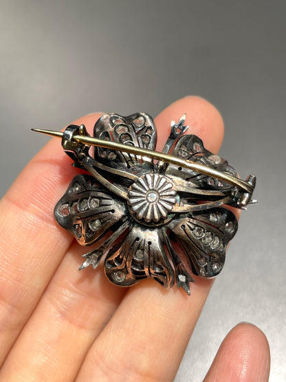 Antique French 18K Gold Topped Silver 2.50CTW Diamond Flower Brooch
