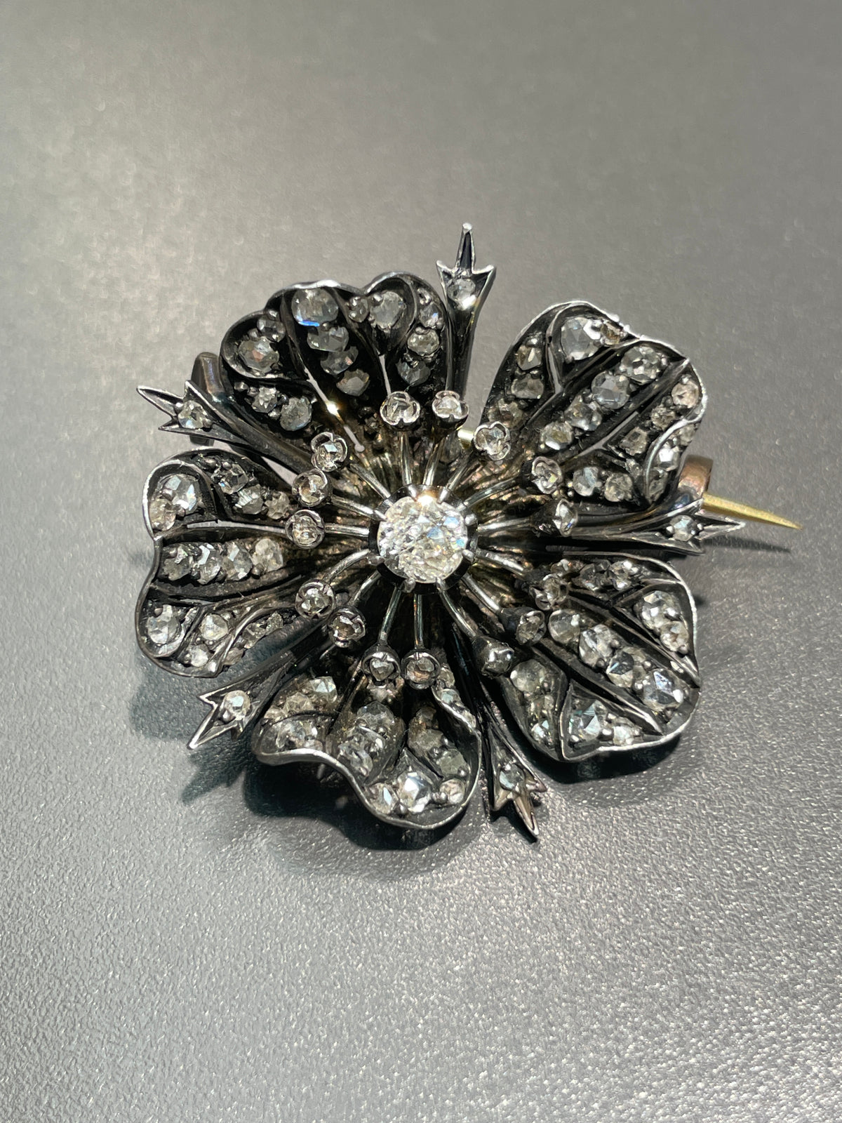 Antique French 18K Gold Topped Silver 2.50CTW Diamond Flower Brooch