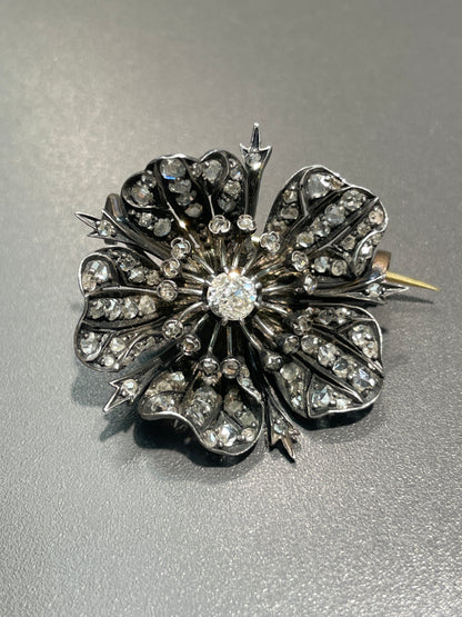 Antique French 18K Gold Topped Silver 2.50CTW Diamond Flower Brooch