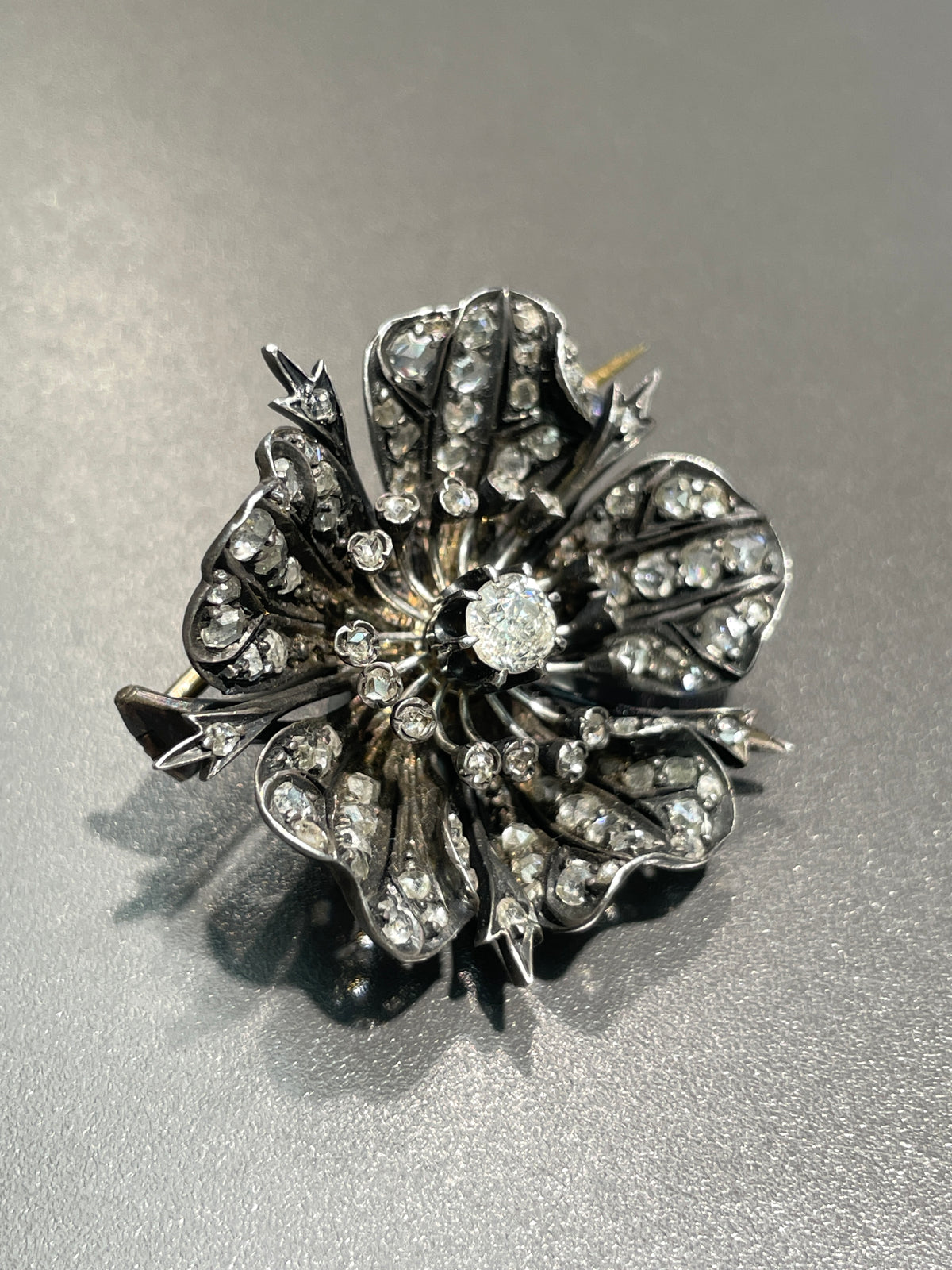 Antique French 18K Gold Topped Silver 2.50CTW Diamond Flower Brooch