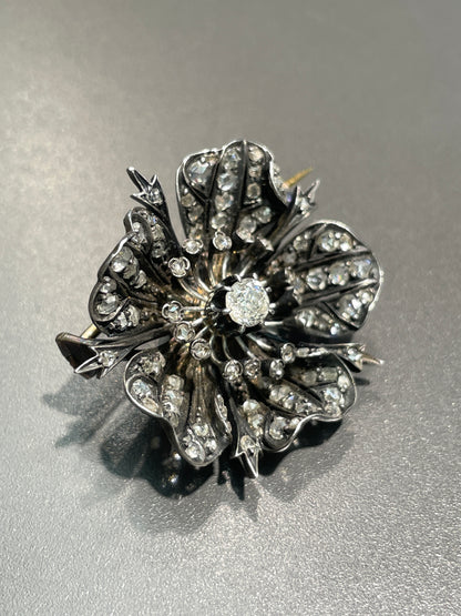 Antique French 18K Gold Topped Silver 2.50CTW Diamond Flower Brooch