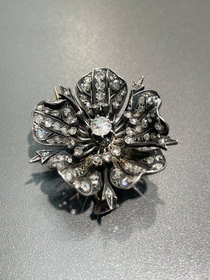Antique French 18K Gold Topped Silver 2.50CTW Diamond Flower Brooch
