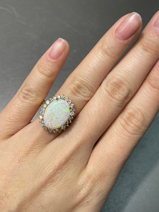 Vintage 14K Yellow Gold Opal Diamond Halo Ring