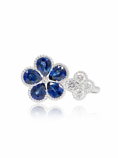 14K Gold Sapphire Diamond Dual Flower Ring