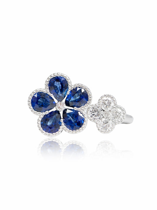 14K Gold Sapphire Diamond Dual Flower Ring
