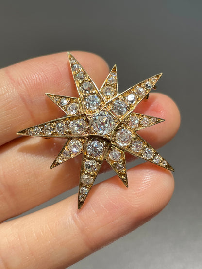 Antique 14K Gold 3.30 CTW Diamond Starburst Pendant Brooch
