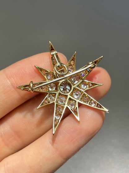 Antique 14K Gold 3.30 CTW Diamond Starburst Pendant Brooch