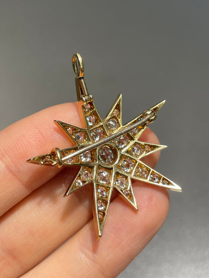 Antique 14K Gold 3.30 CTW Diamond Starburst Pendant Brooch
