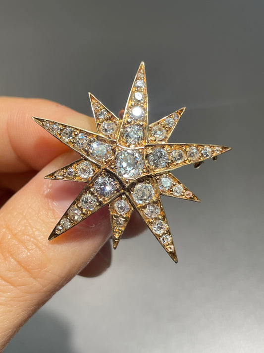 Antique 14K Gold 3.30 CTW Diamond Starburst Pendant Brooch