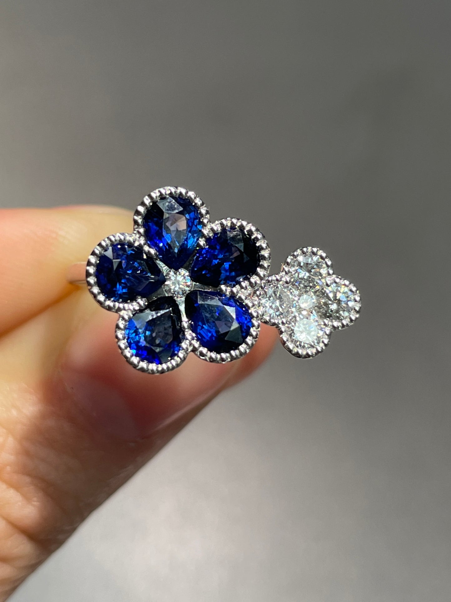 14K Gold Sapphire Diamond Dual Flower Ring