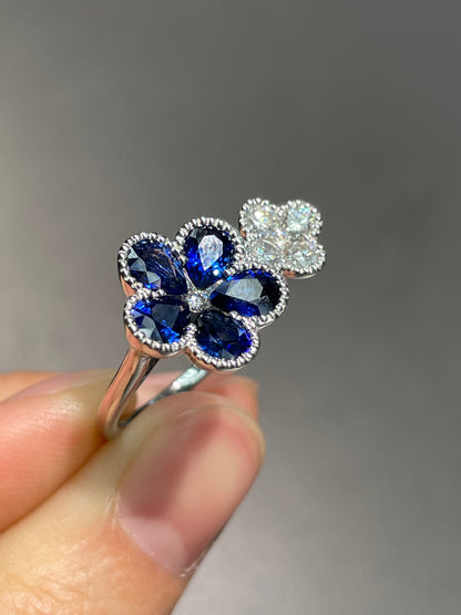 14K Gold Sapphire Diamond Dual Flower Ring