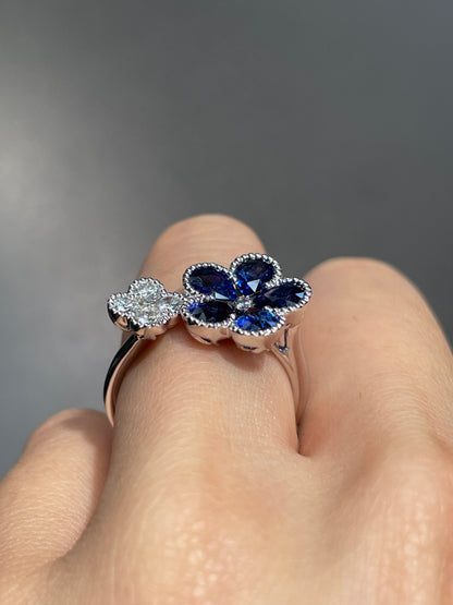 14K Gold Sapphire Diamond Dual Flower Ring