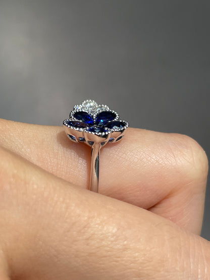 14K Gold Sapphire Diamond Dual Flower Ring