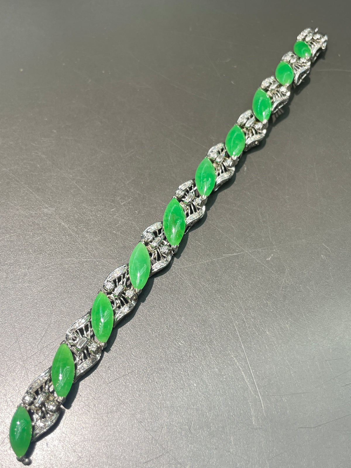 Vintage 14K Gold Marquise Jade Diamond Bracelet