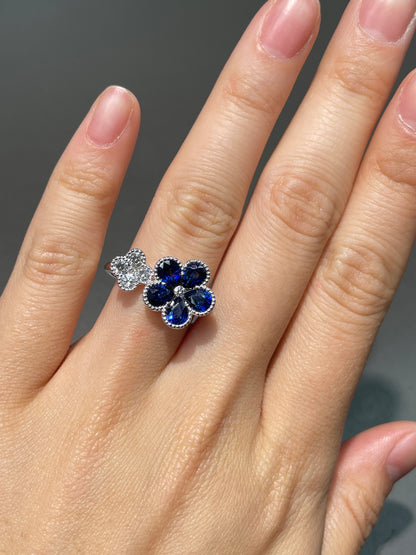 14K Gold Sapphire Diamond Dual Flower Ring