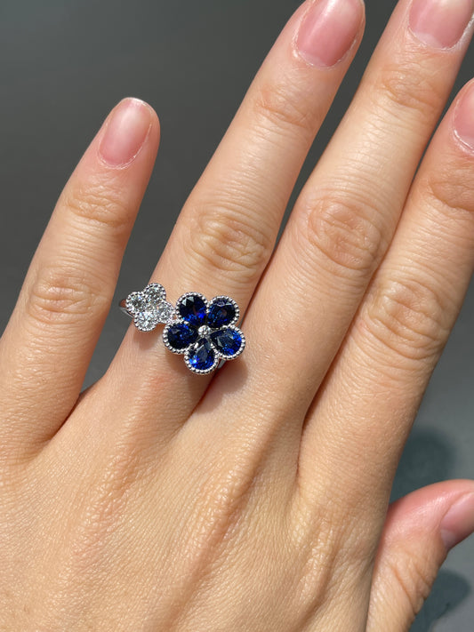 14K Gold Sapphire Diamond Dual Flower Ring