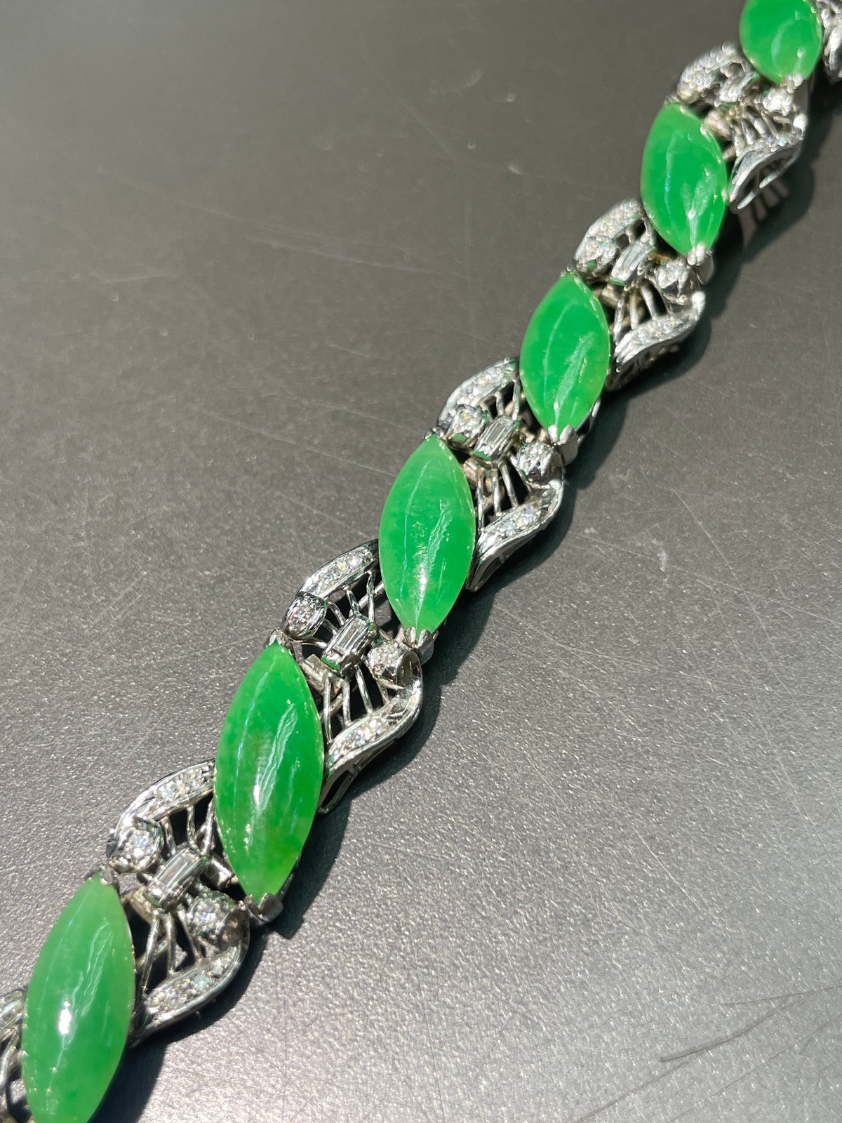Vintage 14K Gold Marquise Jade Diamond Bracelet