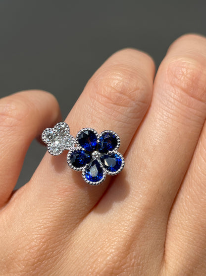 14K Gold Sapphire Diamond Dual Flower Ring