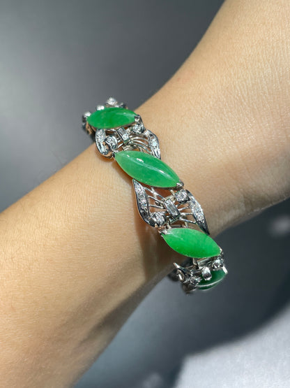 Vintage 14K Gold Marquise Jade Diamond Bracelet