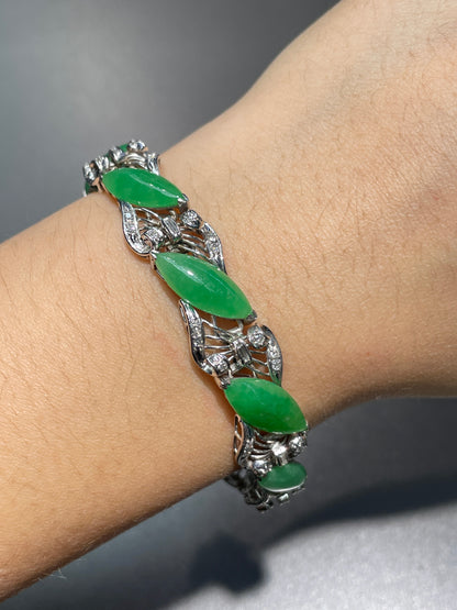 Vintage 14K Gold Marquise Jade Diamond Bracelet