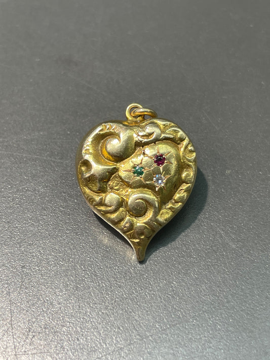 Victorian 14K Yellow Gold Ruby Emerald Diamond Repousse Scrolling Heart Pendant