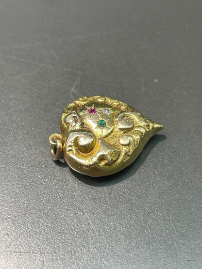 Victorian 14K Yellow Gold Ruby Emerald Diamond Repousse Scrolling Heart Pendant