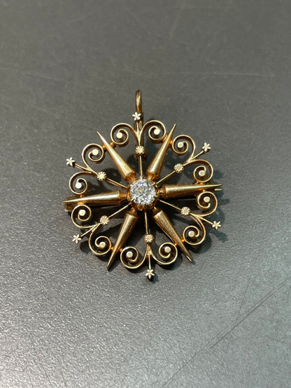 Antique 14K Yellow Gold 0.35 CTW Diamond Starburst Pendant Brooch