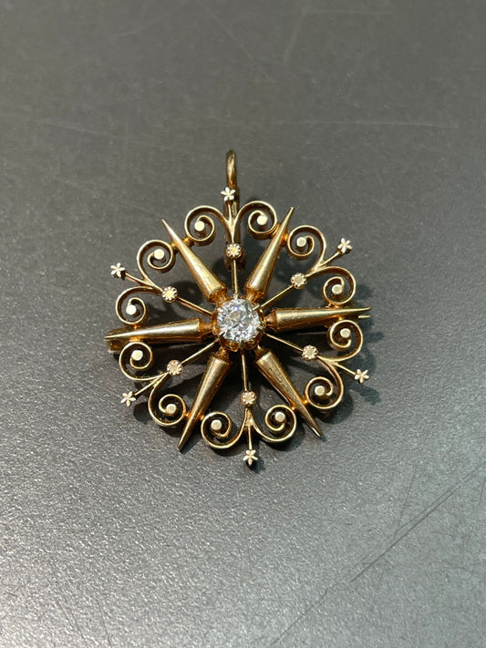 Antique 14K Yellow Gold 0.35 CTW Diamond Starburst Pendant Brooch