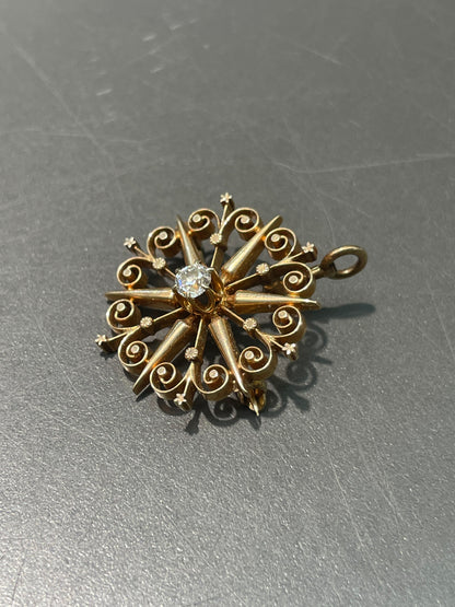 Antique 14K Yellow Gold 0.35 CTW Diamond Starburst Pendant Brooch