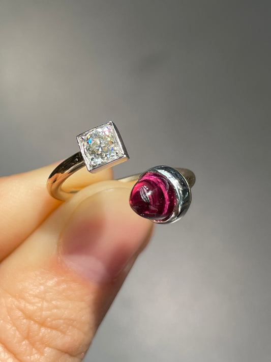 Platinum 14K Gold Garnet Old Mine Cut Diamond Toi Et Moi Ring