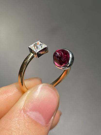 Platinum 14K Gold Garnet Old Mine Cut Diamond Toi Et Moi Ring