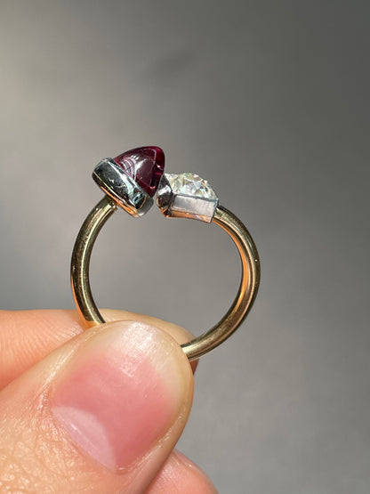 Platinum 14K Gold Garnet Old Mine Cut Diamond Toi Et Moi Ring
