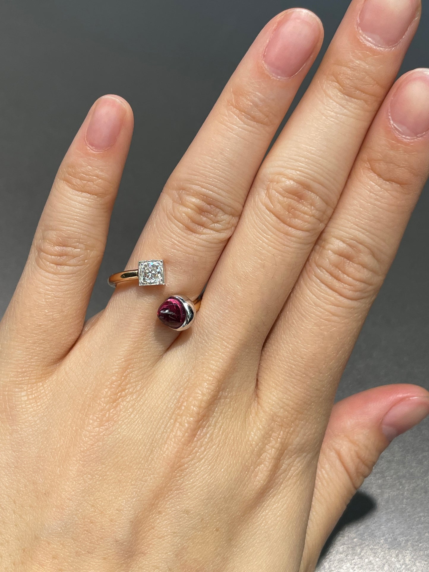 Platinum 14K Gold Garnet Old Mine Cut Diamond Toi Et Moi Ring