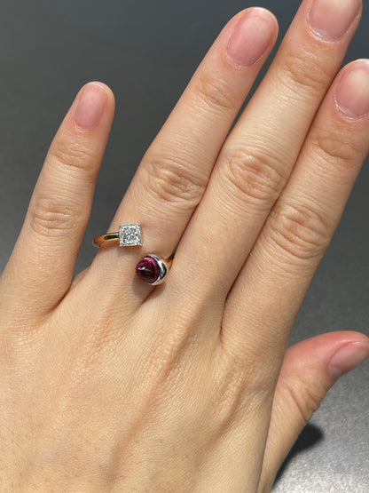 Platinum 14K Gold Garnet Old Mine Cut Diamond Toi Et Moi Ring