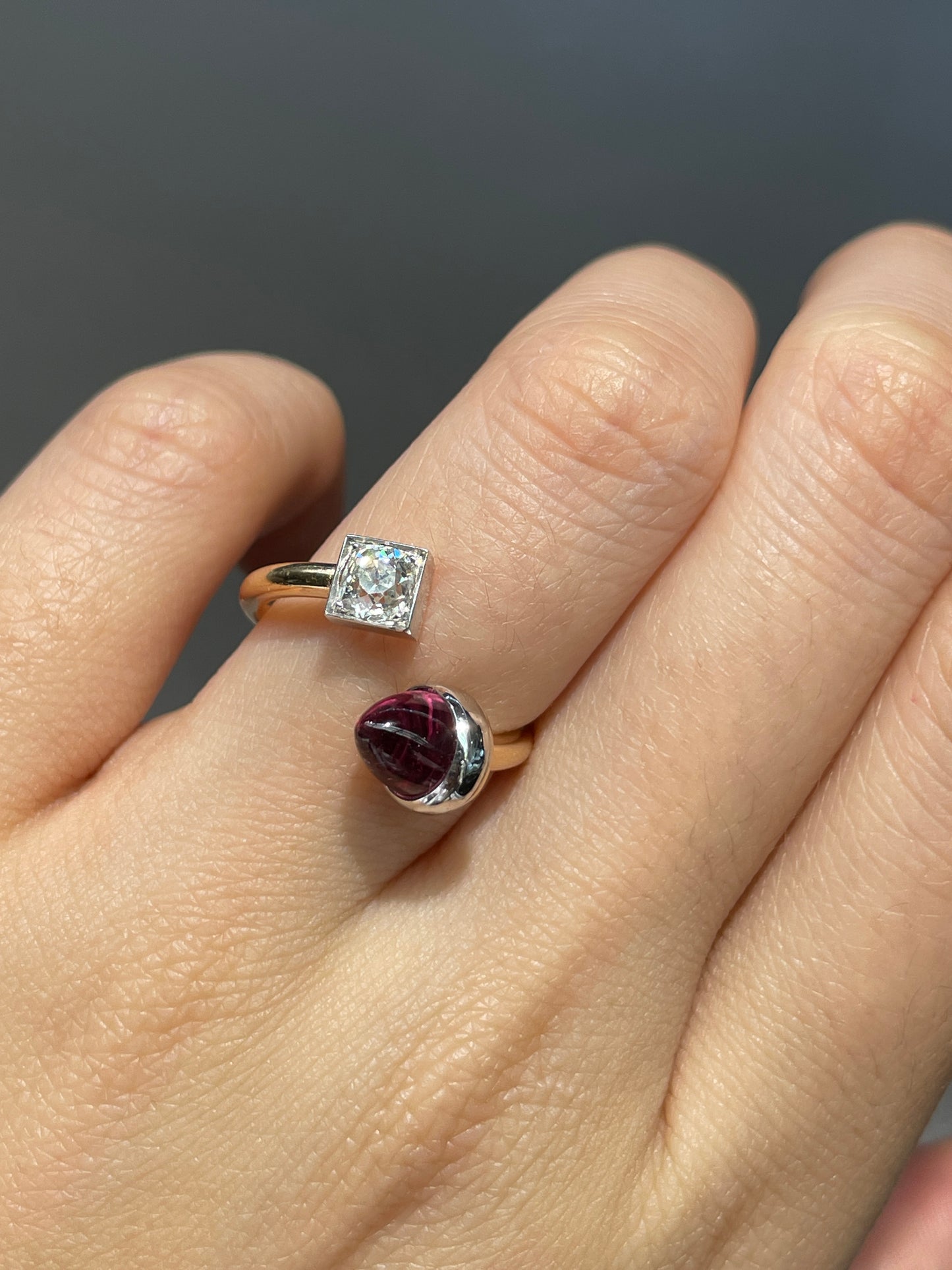 Platinum 14K Gold Garnet Old Mine Cut Diamond Toi Et Moi Ring