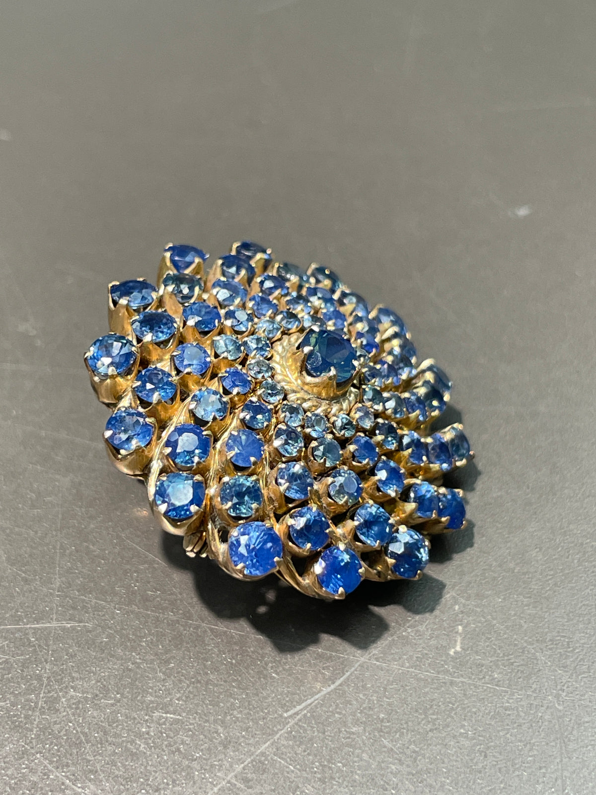 Vintage 14K Gold Sapphire Spiral Cluster Brooch