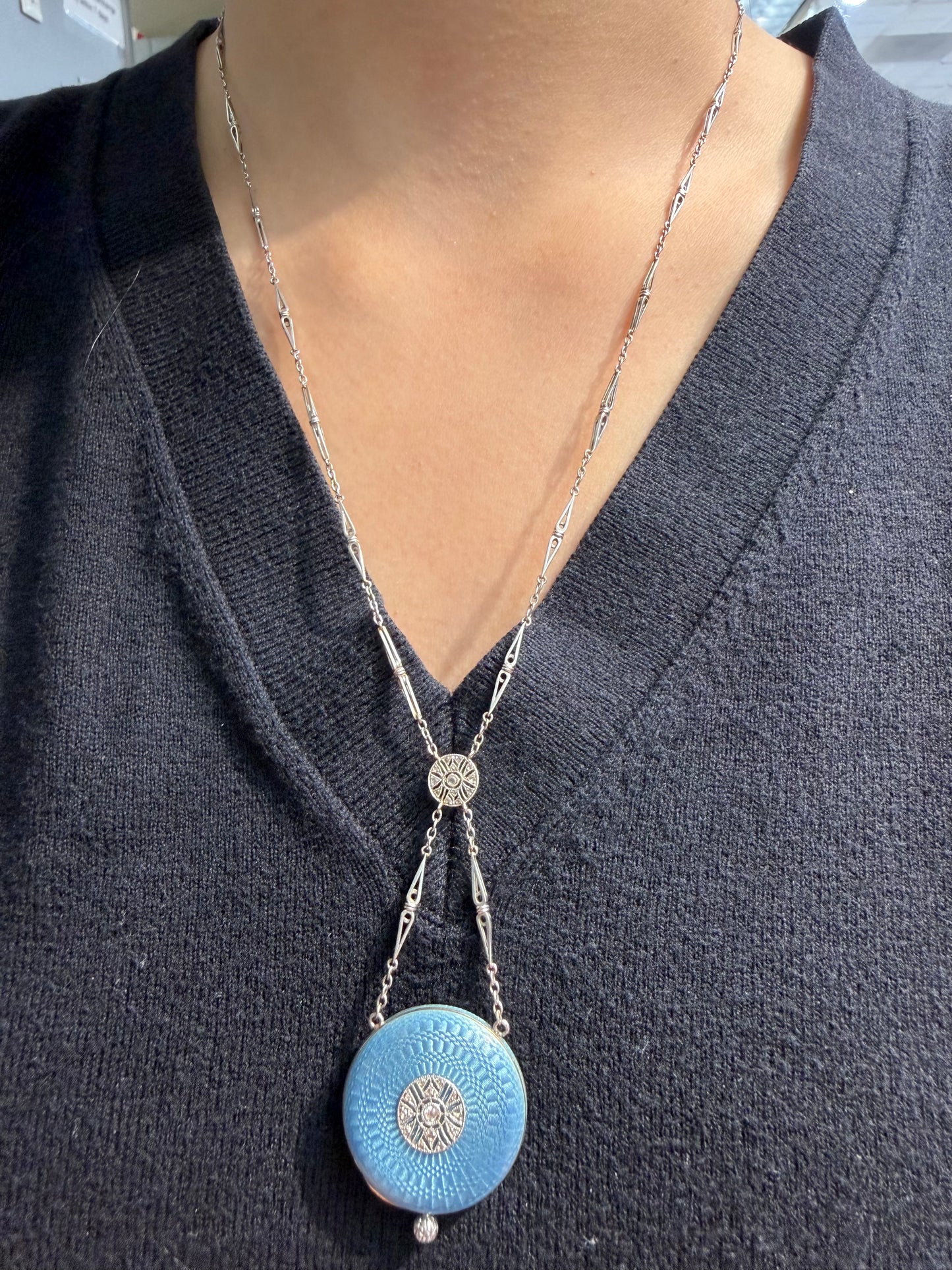 Antique Edwardian Platinum Turquoise Guilloche Enamel Pendant Watch and Chain